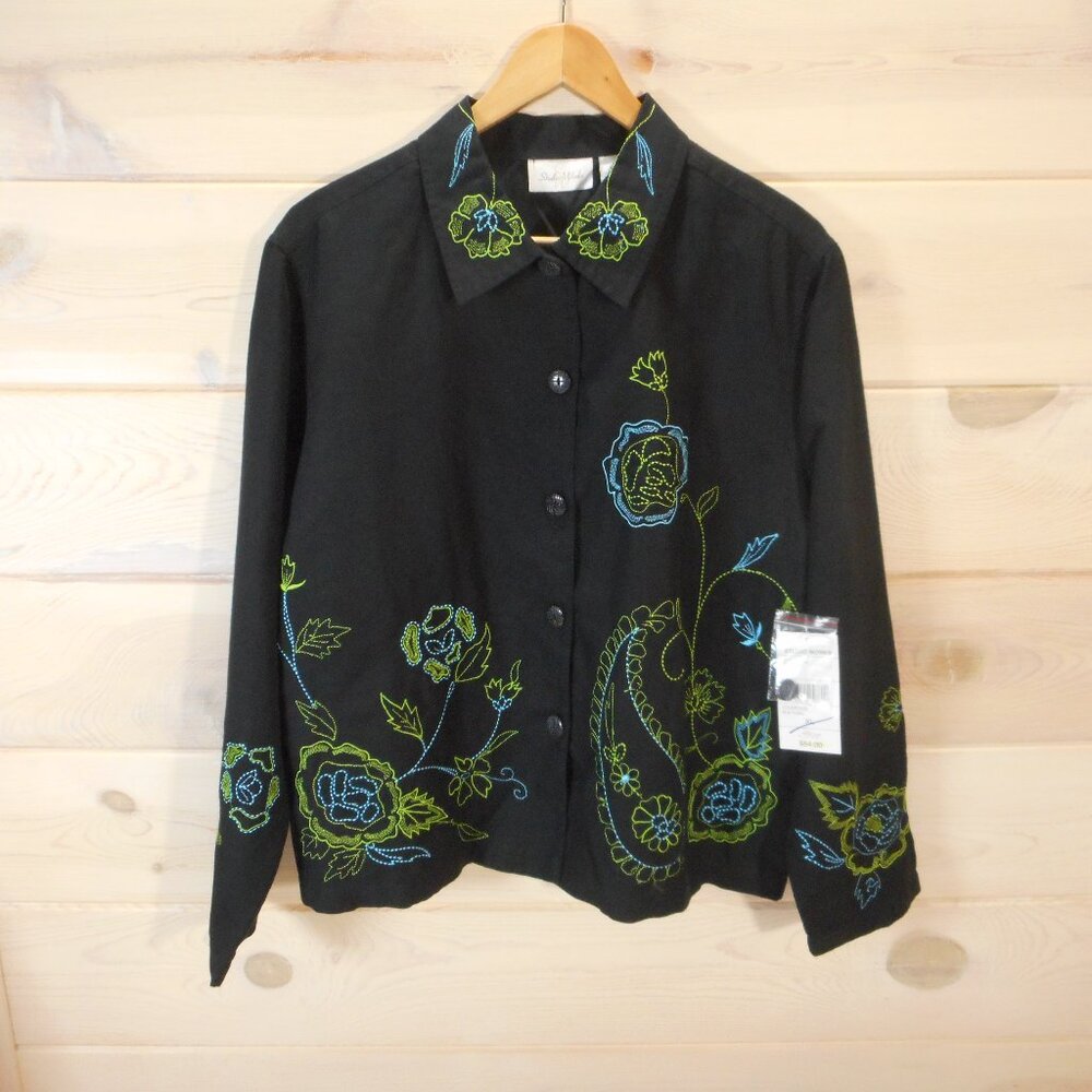 Studio Works Women's XL Linen Blend Jacket Floral Paisley Embroidered Button-up